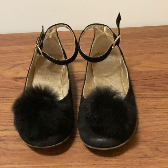 Little Eric Black Suede Ballet Flat with ankle strap and mink PomPom. - Picture 1 of 7